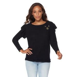 Curations Caravan Women's Pullover Ruffle Sleeve Top Solid Black Small Size HSN